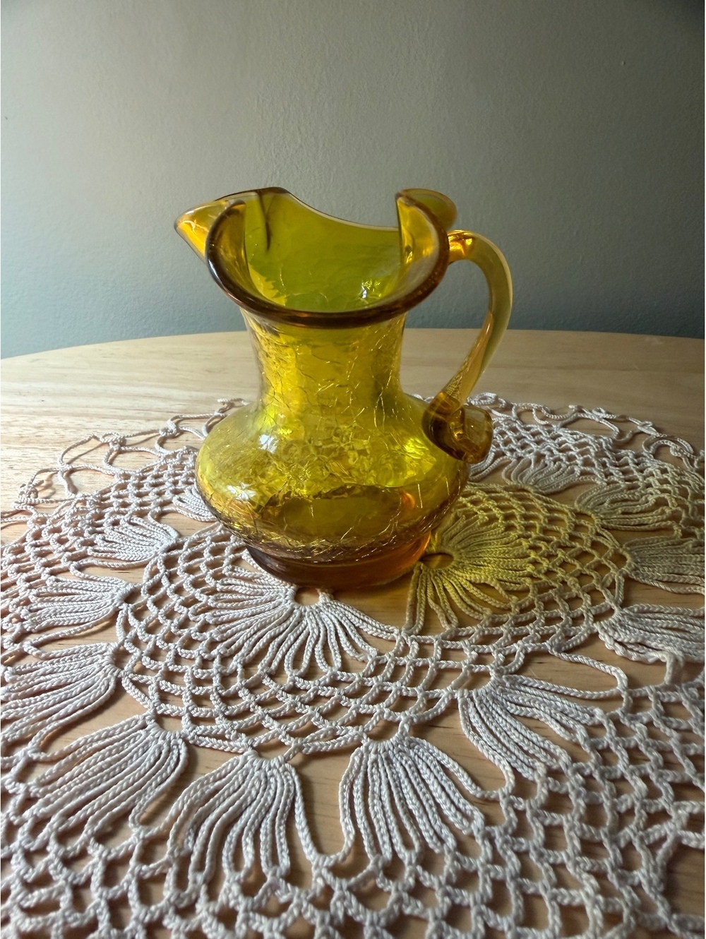 Mid-Century Crackle Glass Amber Small Pitcher Jug with Ruffled Rim